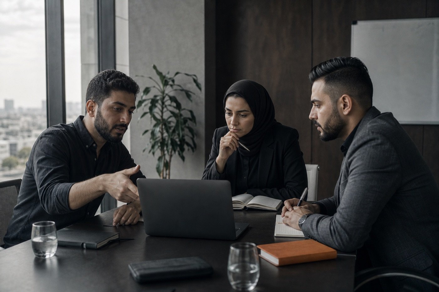 Iraqi professionals working through an AI-assisted process together