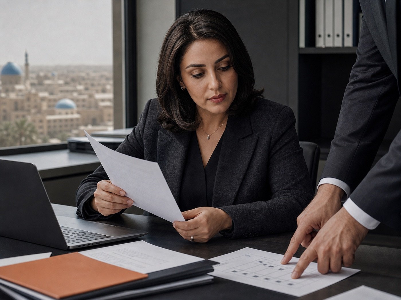 A professional reviewing policy evidence with a colleague